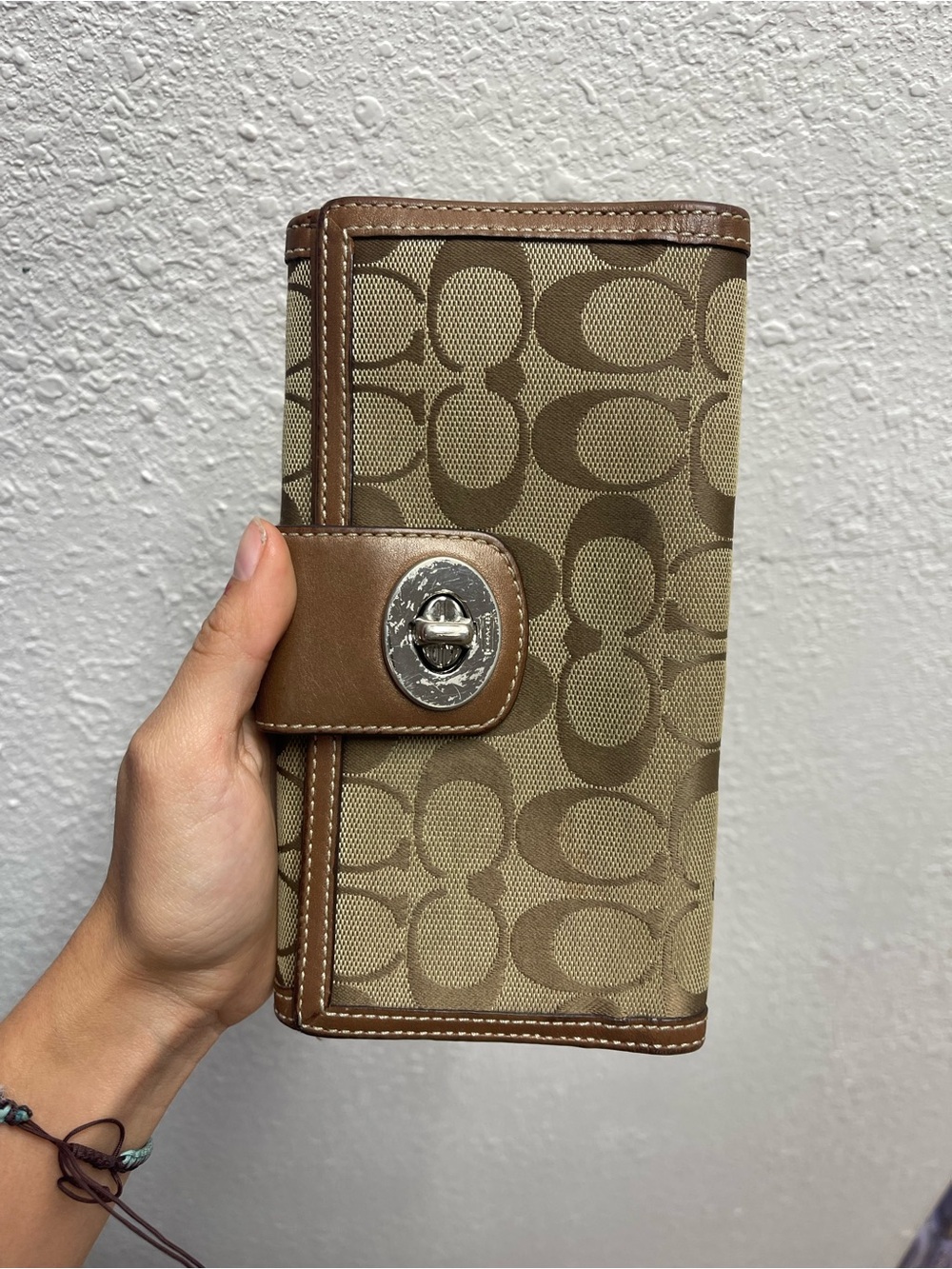 Coach Brown Signature Canvas Trifold Wallet with Turnlock